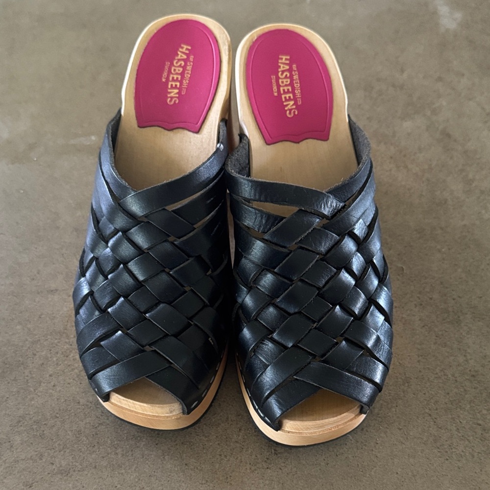 Swedish Hasbeens Black Woven Leather Mules.